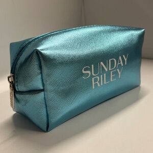 Sunday Riley Teal Vegan Metallic Leather Zip Top Cosmetic Clutch